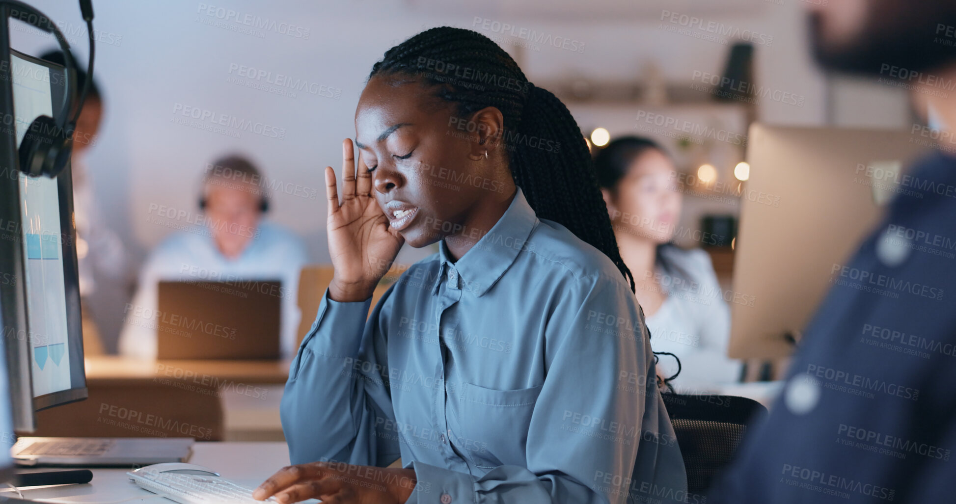 Buy stock photo Business woman, headache and call center stress, pain or frustrated on computer with sales fail, crisis or bad news. African agent, night consultant with depression or tired for telemarketing mistake