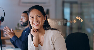 Buy stock photo Happy asian woman, portrait and call center at night for customer service, support or telemarketing at office. Female person, consultant or agent working late with smile for help or online advice