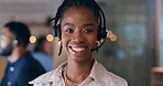 Portrait, smile and black woman at call center on headphones for crm support on bokeh at night. Face, happy sales agent and telemarketing consultant, customer service professional or worker in office