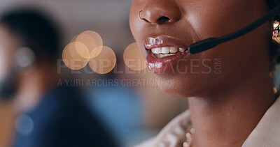 Call center, closeup and mouth of woman consulting in office for contact us, crm or faq with bokeh. Telemarketing, voice and lead generation consultant with loan advice, customer service or support