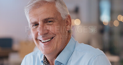 Buy stock photo Mature, lawyer and happy portrait in office of law firm working overtime at night on legal project. Senior, partner and ceo of attorney consultancy company with happiness of face for court case