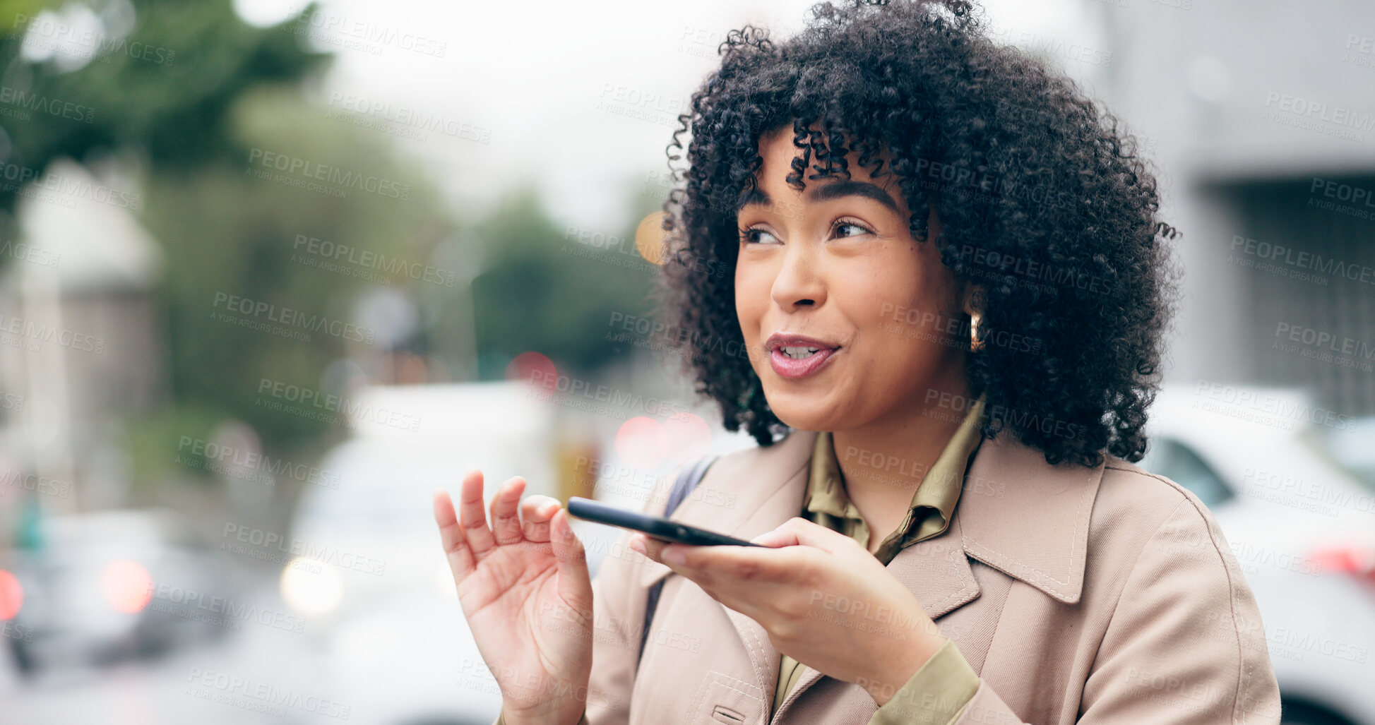 Buy stock photo City, speaker or happy businesswoman on a phone call talking, networking or speaking of ideas. Voice message, mobile communication or entrepreneur in conversation for a negotiation or deal offer