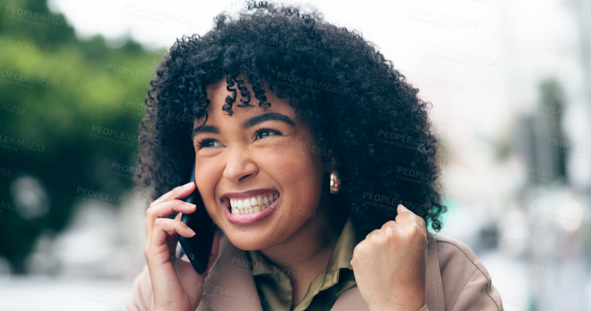 Buy stock photo Phone call, excited or woman in city for winning a competition, good news or goal achievement. Yes, winner or happy worker cheering for success celebration, bonus or reward in urban street with smile