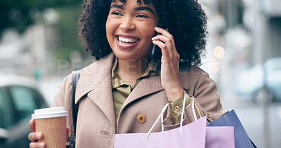 Phone call, shopping bag or happy woman in city for boutique retail sale or clothes discount deal. Coffee, financial freedom or rich customer walking on street talking or speaking of fashion offer