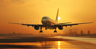 Buy stock photo Passenger plane seen landing during sunset. Travel concept.