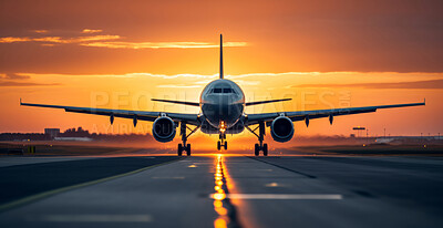 Buy stock photo Passenger plane seen taking off during sunset. Travel concept.