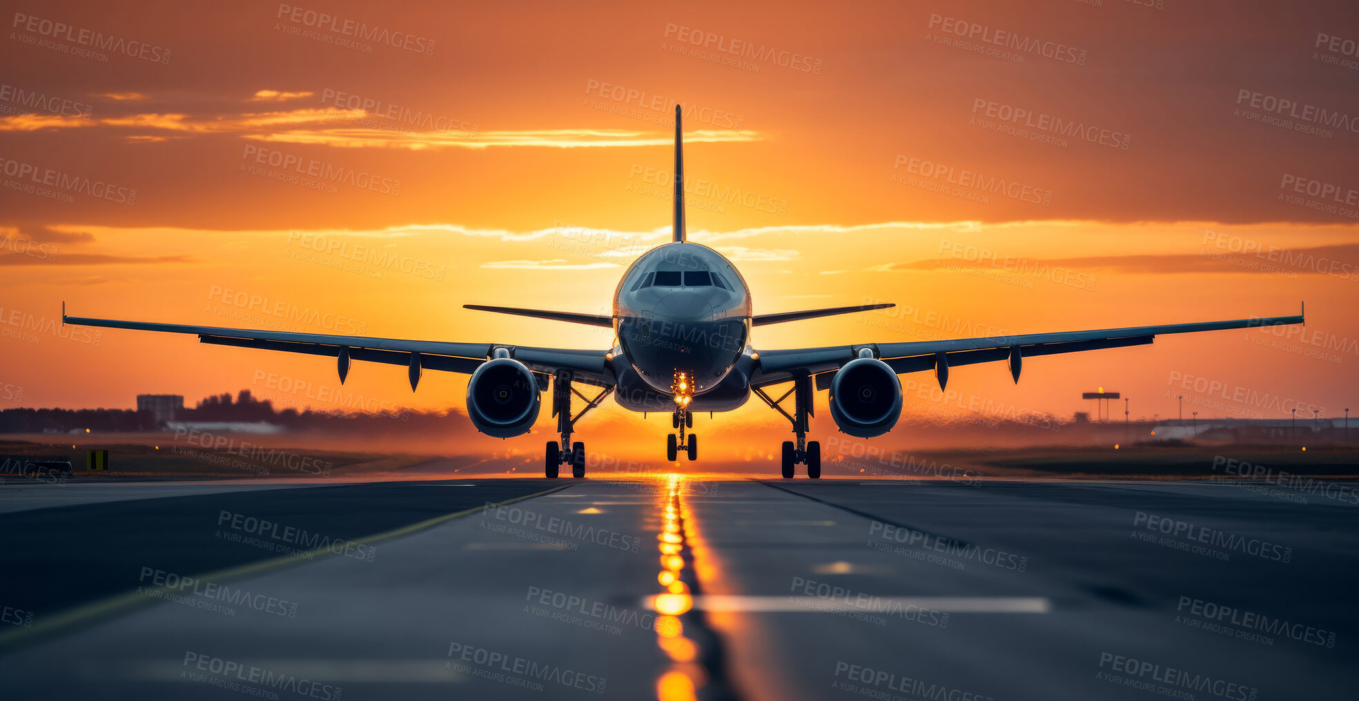 Buy stock photo Passenger plane seen taking off during sunset. Travel concept.