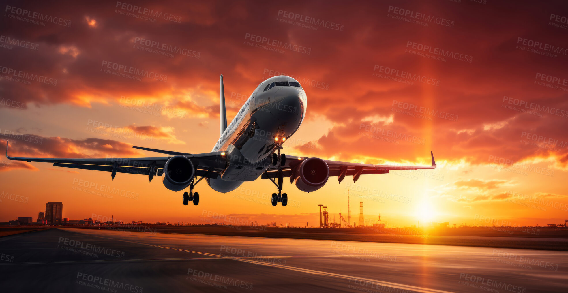 Buy stock photo Passenger plane seen taking off during sunset. Travel concept.