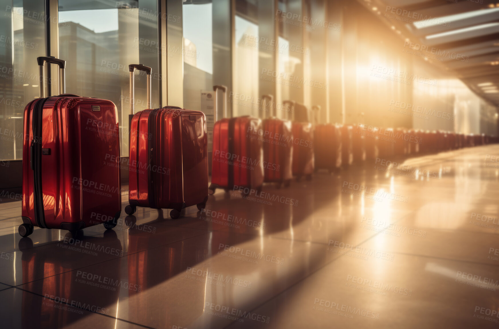 Buy stock photo Suitcases in a row in airport . Next window in hallway. Travel concept.