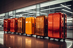 Suitcases in a row in airport . Next window in hallway. Travel concept.