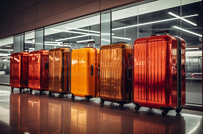 Buy stock photo Suitcases in a row in airport . Next window in hallway. Travel concept.