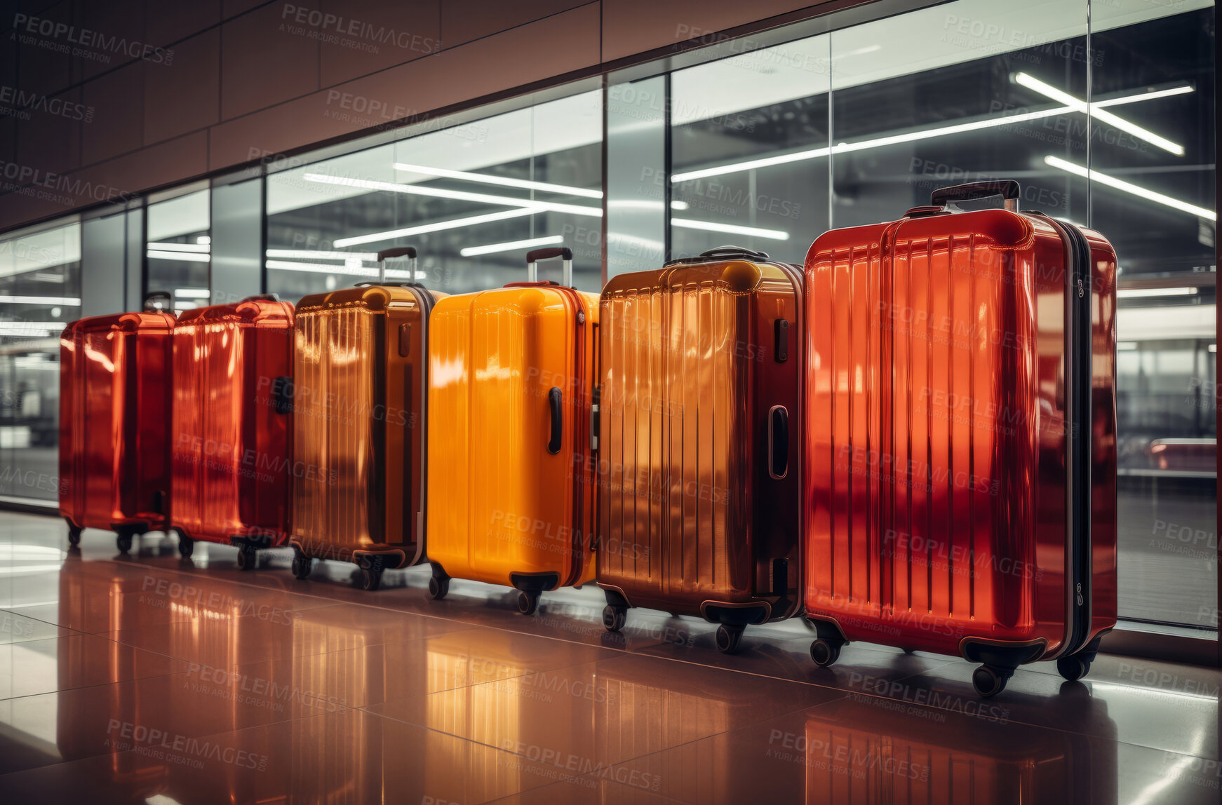 Buy stock photo Suitcases in a row in airport . Next window in hallway. Travel concept.