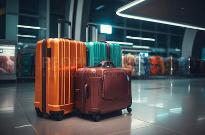 Suitcases in the airport departure. Lost luggage. Travel concept.