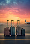 Suitcases on airport runway. Lost or forgotten luggage. Travel concept.