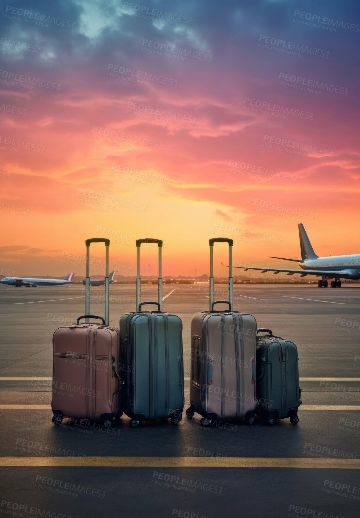 Buy stock photo Suitcases on airport runway. Lost or forgotten luggage. Travel concept.