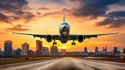 Buy stock photo Passenger plane departing in sunset. Cityscape in background.