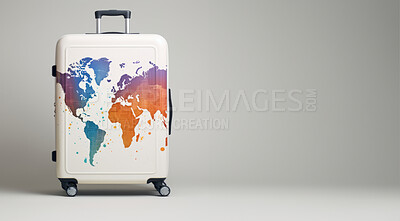 Buy stock photo Studio shot of trendy suitcase. World map print. Clear background. Travel concept.