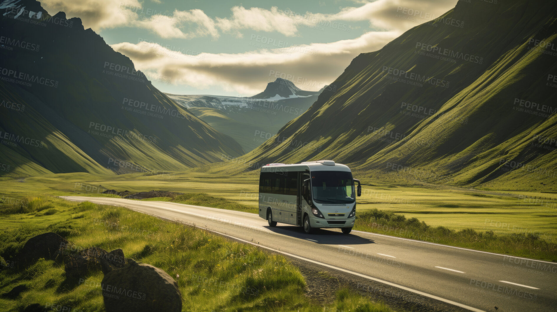 Buy stock photo Tourist bus seen travelling through Countryside. Travel concept.