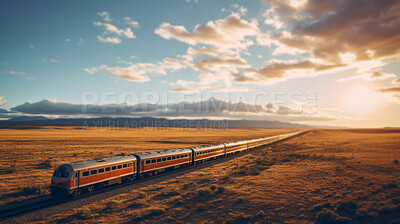 Passenger train seen travelling through countryside at sunset. Beautiful nature. Travel concept.