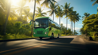 Buy stock photo Tourist bus seen travelling through scenic street. Lush green trees. Travel concept