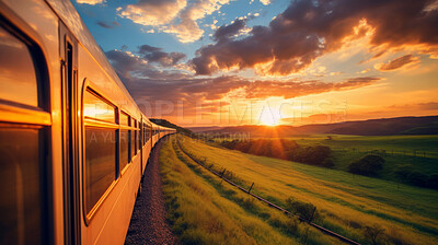 Buy stock photo Passenger train seen travelling through countryside at sunset. Beautiful nature. Travel concept.