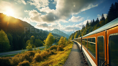 Buy stock photo Passenger train seen travelling through countryside. Beautiful nature. Travel concept.