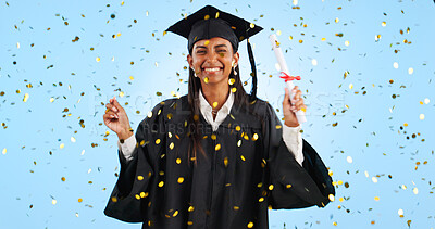 Graduation, certificate and woman in portrait, confetti or pride in studio for success by blue background. Graduate woman, diploma or glitter for award, celebration or paperwork for future at college