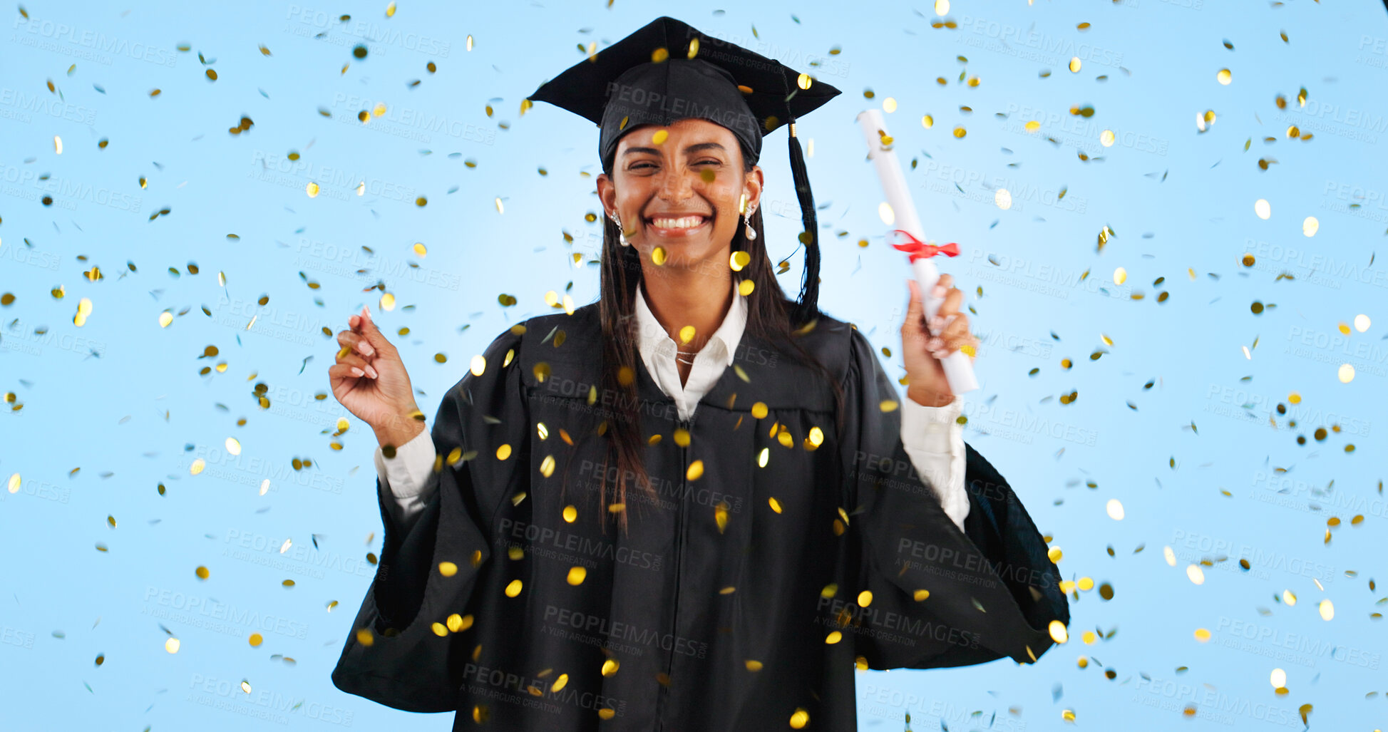 Buy stock photo Graduation, certificate and woman in portrait, confetti or pride in studio for success by blue background. Graduate student, diploma or glitter for award, celebration or paperwork for future college