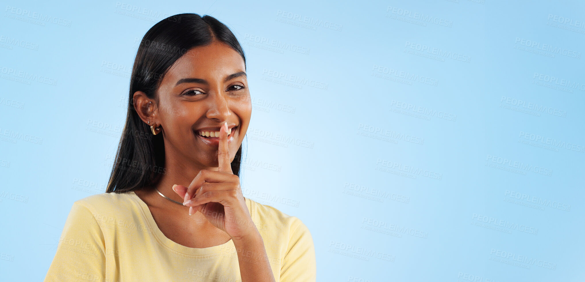 Buy stock photo Secret, portrait and woman with finger on lips, whisper and announcement on a blue background. Person, face or model with privacy, mockup space or drama news with surprise, emoji or gossip with shush