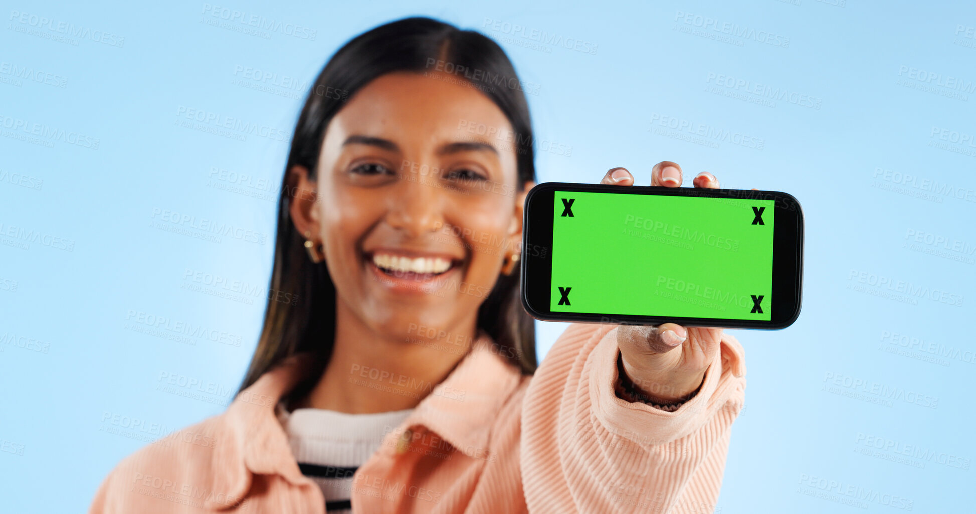 Buy stock photo Phone green screen, studio portrait and happy woman show online presentation, social media info or commercial news. Tracking markers, smartphone chroma key and mockup space person on blue background