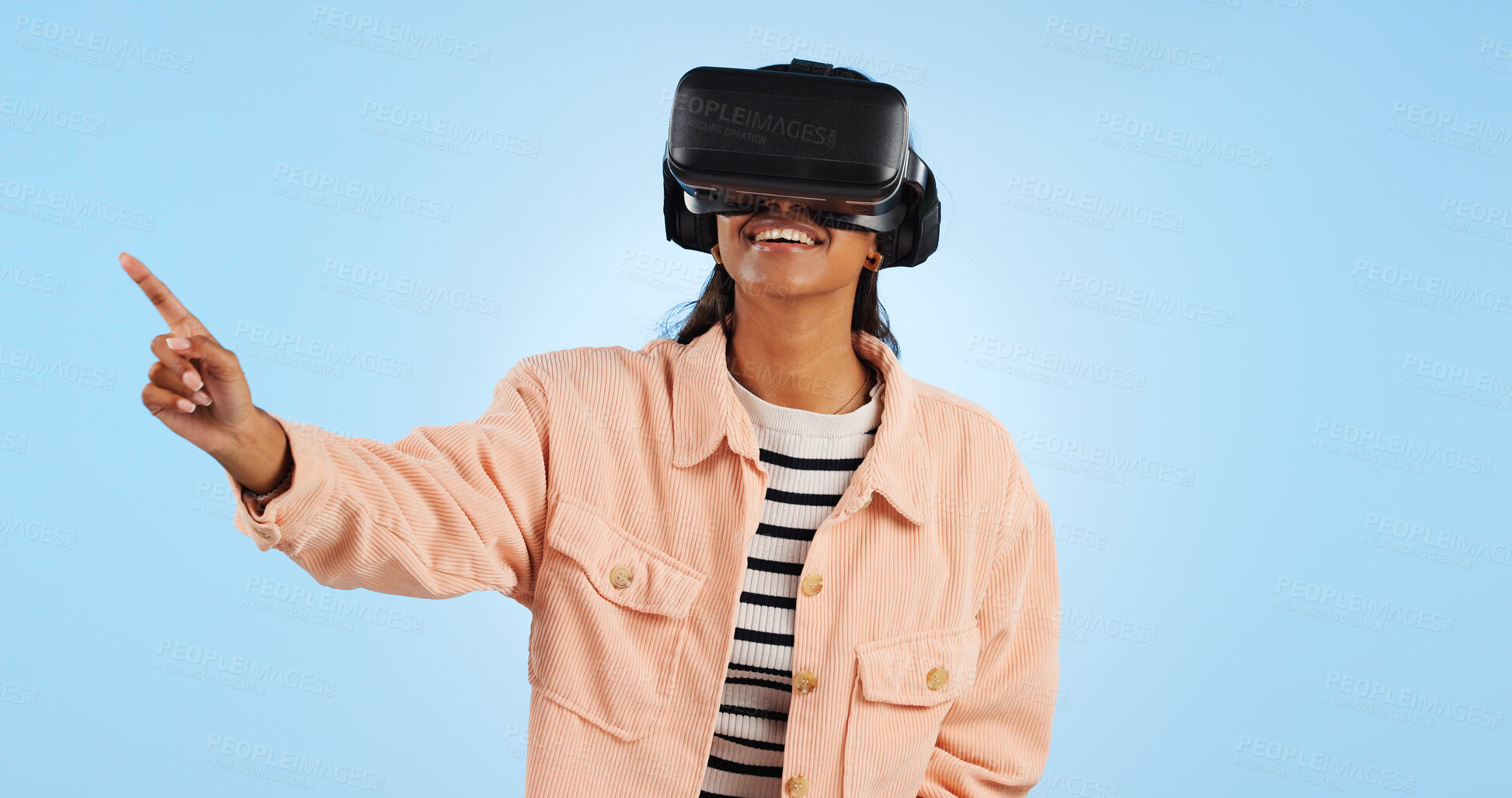 Buy stock photo Virtual reality, press on screen and woman with future technology and smile in studio on blue background. Hologram, 3D and metaverse, digital world and high tech with user experience and VR software