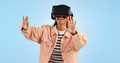 Buy stock photo Virtual reality, hands on screen and woman with future technology and smile in studio on blue background. Hologram, 3D and metaverse, digital world and high tech with user experience and VR software