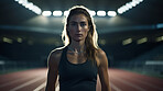 Editorial shot of woman standing on track at night. Fitness, runner Concept.