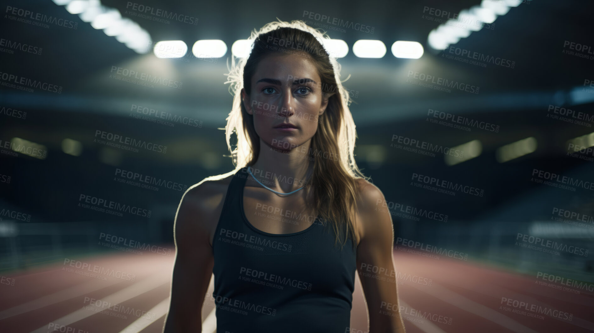 Buy stock photo Editorial shot of woman standing on track at night. Fitness, runner Concept.