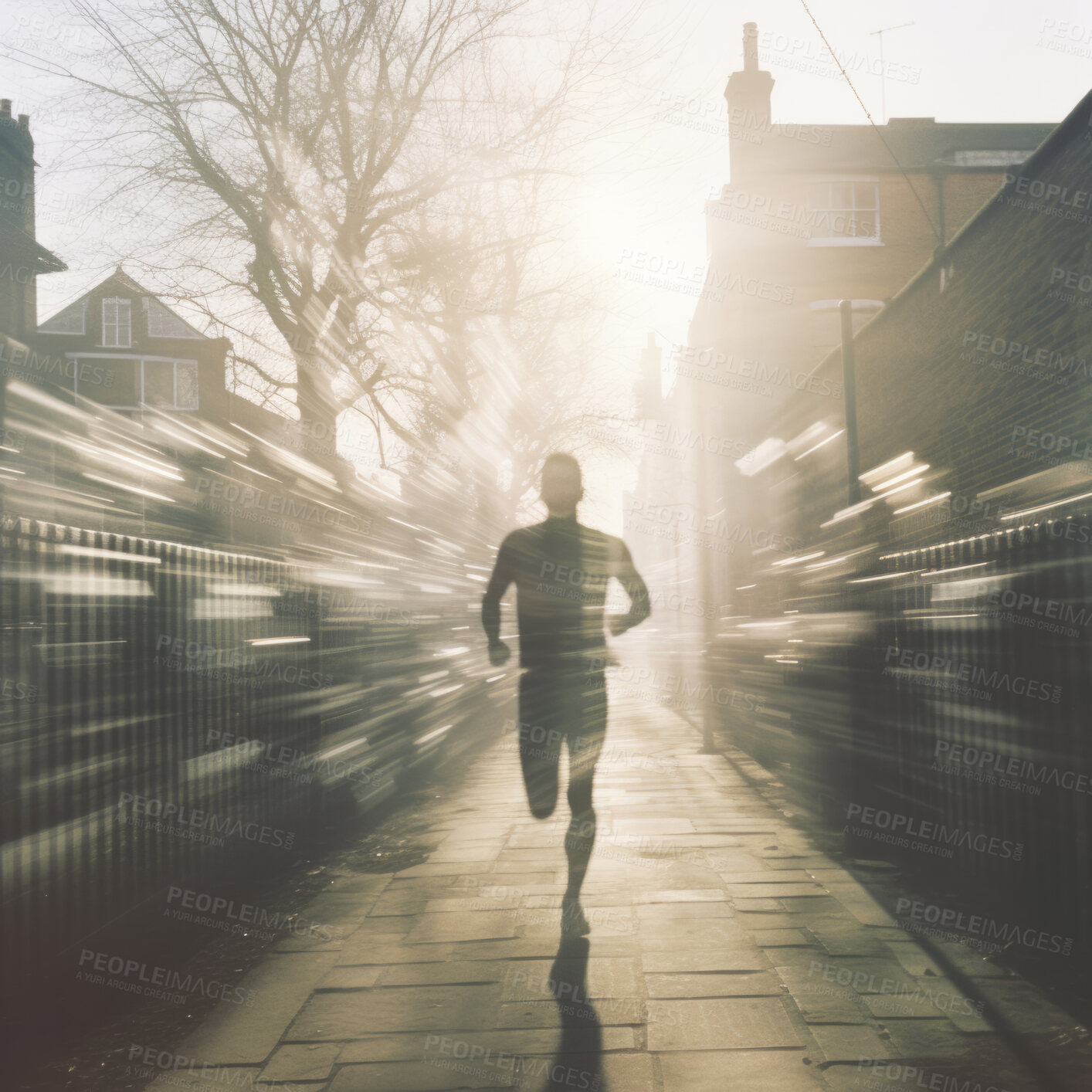 Buy stock photo View of runner, running in city street. Morning mist. Light effects. Fitness concept.