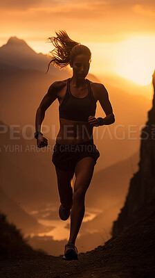 Silhouette of trail runner running on mountain trail in sunset. Fitness, sport, runner Concept.