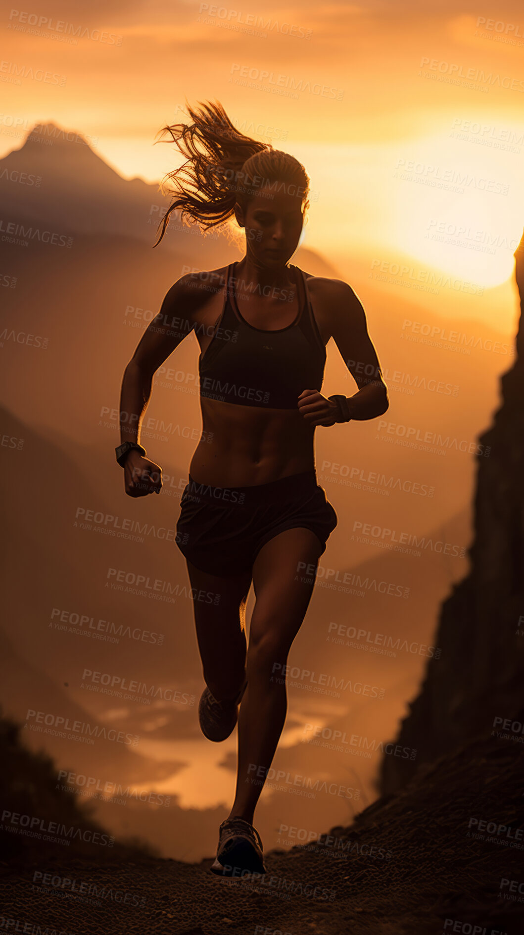Buy stock photo Silhouette of trail runner running on mountain trail in sunset.
Fitness, sport, runner Concept.