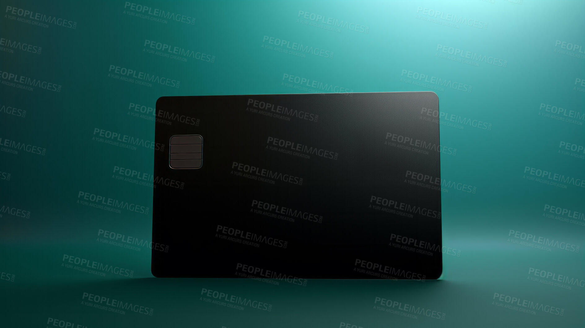 Buy stock photo Blank black bank card or gift voucher card on a teal background. Birthday gift