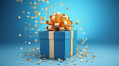 Blue gift box with gold bow on a blue background. Birthday, anniversary, christmas present