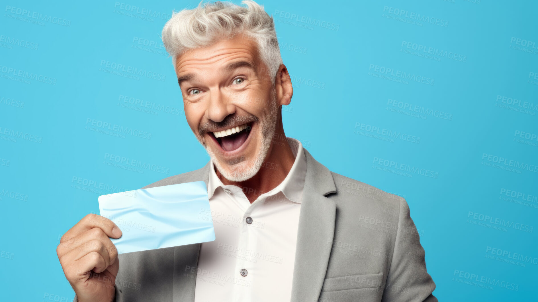 Buy stock photo Happy mature man holding a ticket or gift voucher. Excited male holding a blank card