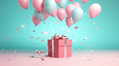 Pink gift box with pink bow. Balloons and present on a pink and turquoise background.