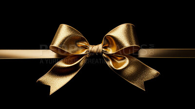 Golden bow on black background. Gift, present, decor for birthday, Valentine or christmas