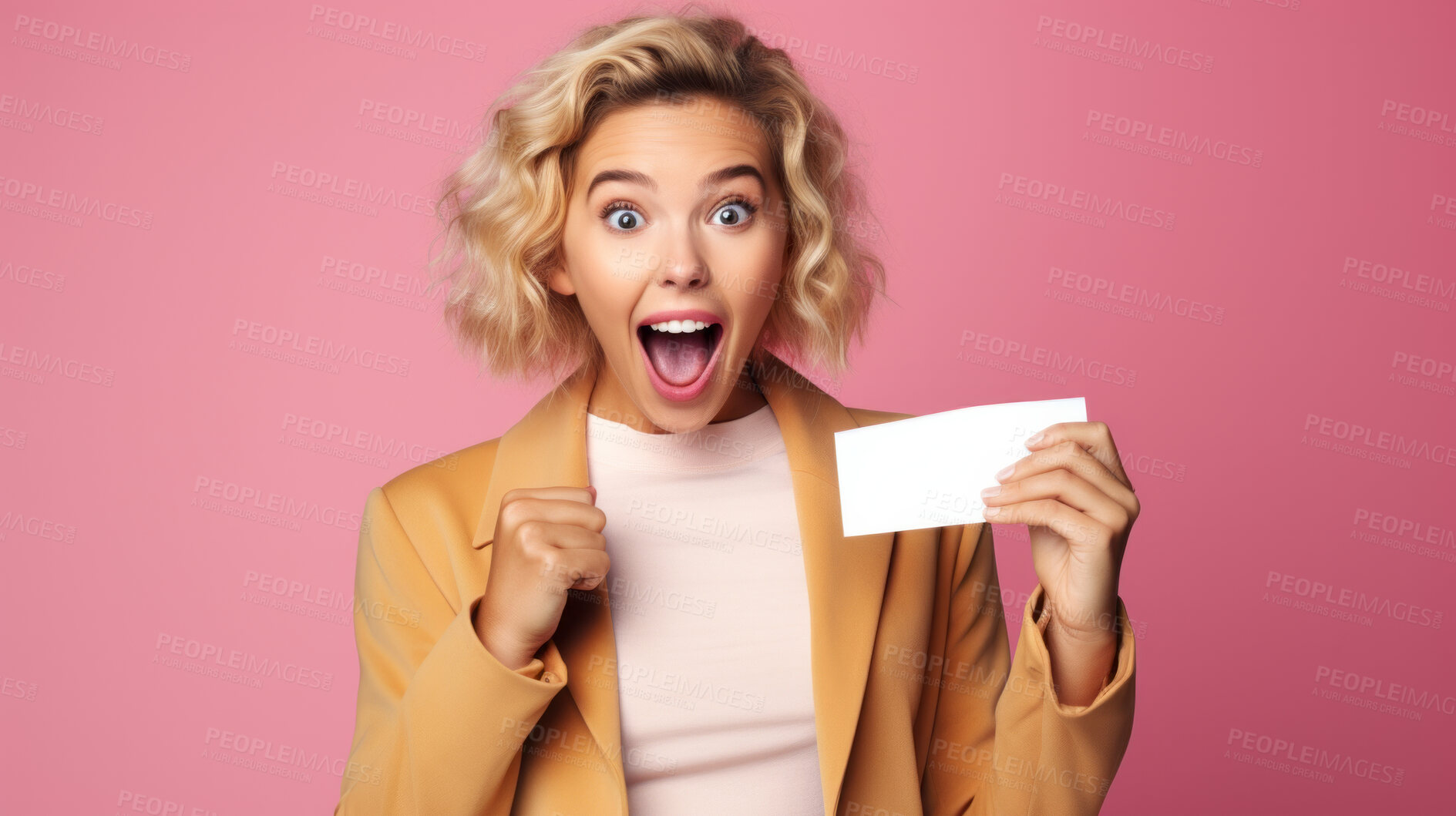 Buy stock photo Happy young woman holding a ticket or gift voucher. Excited female holding a blank card