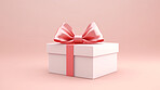 White gift box with pink bow on a pink background. Birthday, Valentine, Christmas present