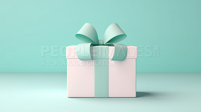 White gift box with turquoise bow on a turquoise background. Birthday present