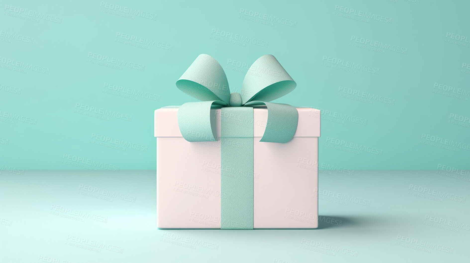 Buy stock photo White gift box with turquoise bow on a turquoise background. Birthday present