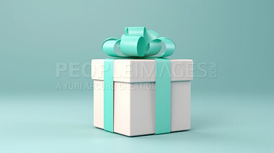 White gift box with turquoise bow on a turquoise background. Birthday present