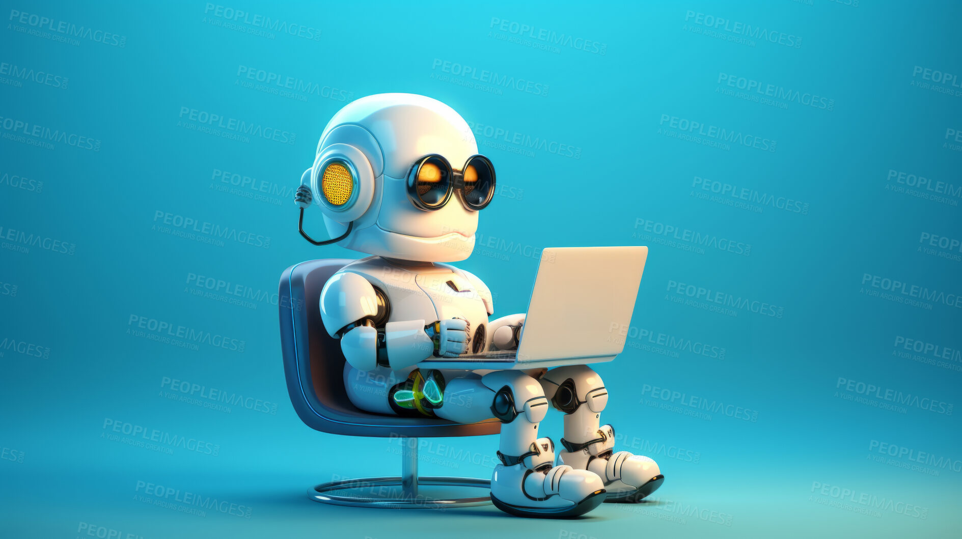 Buy stock photo Cute artificial intelligence robot chatbot with laptop. Robot chatting or working
