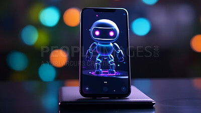 Buy stock photo Artificial intelligence robot chatbot with laptop. Robot chatting on a cellphone screen
