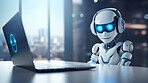 Artificial intelligence robot chatbot with laptop. Robot chatting or working